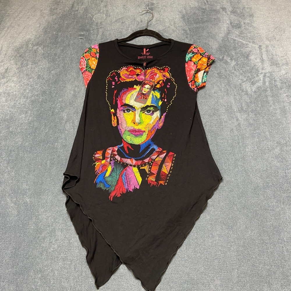 Ay Guey Tunic Top Womens L Black Stretch Frida Kahlo Print Sleeveless Pullover
